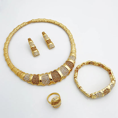 Ensemble de bijoux de Dubaï pour femmes, ensemble de luxe plaqué or 18 carats, collier, boucles d'oreilles, bracelet et bague, bijoux pour fête de mariage tendance