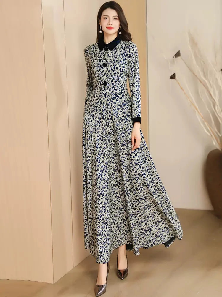 New Women Spring Autumn Print Dress Fashion Peter pan Collar Long Sleeve Slim Dress Elegant Exquisite Overlength Dress