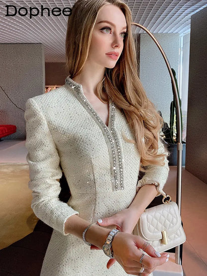 High-End Custom Tweed Dress for Women Hot Drilling Sequined V-neck Long Sleeve Woolen Dress Banquet Party Autumn Winter Vestidos