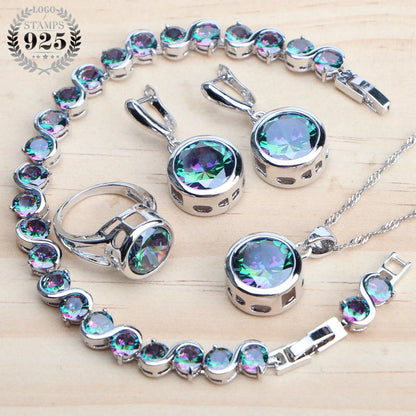 Ensembles de bijoux en argent sterling 925 pour femmes mariées boucles d'oreilles en zircon arc-en-ciel magique naturel bague bracelets pendentif ensemble de collier de mariage