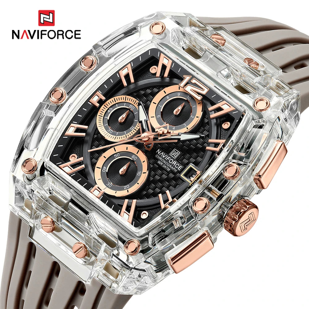 NAVIFORCE 2024 Nuevo diseño Reloj transparente Tonneau Reloj de cuarzo para hombre Relojes de lujo impermeables para exteriores Reloj para hombre