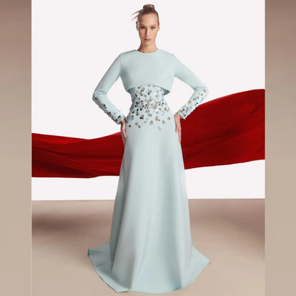 Robe longue de soirée sur mesure en jersey à paillettes et perles, coupe trapèze, col rond, pour occasions spéciales