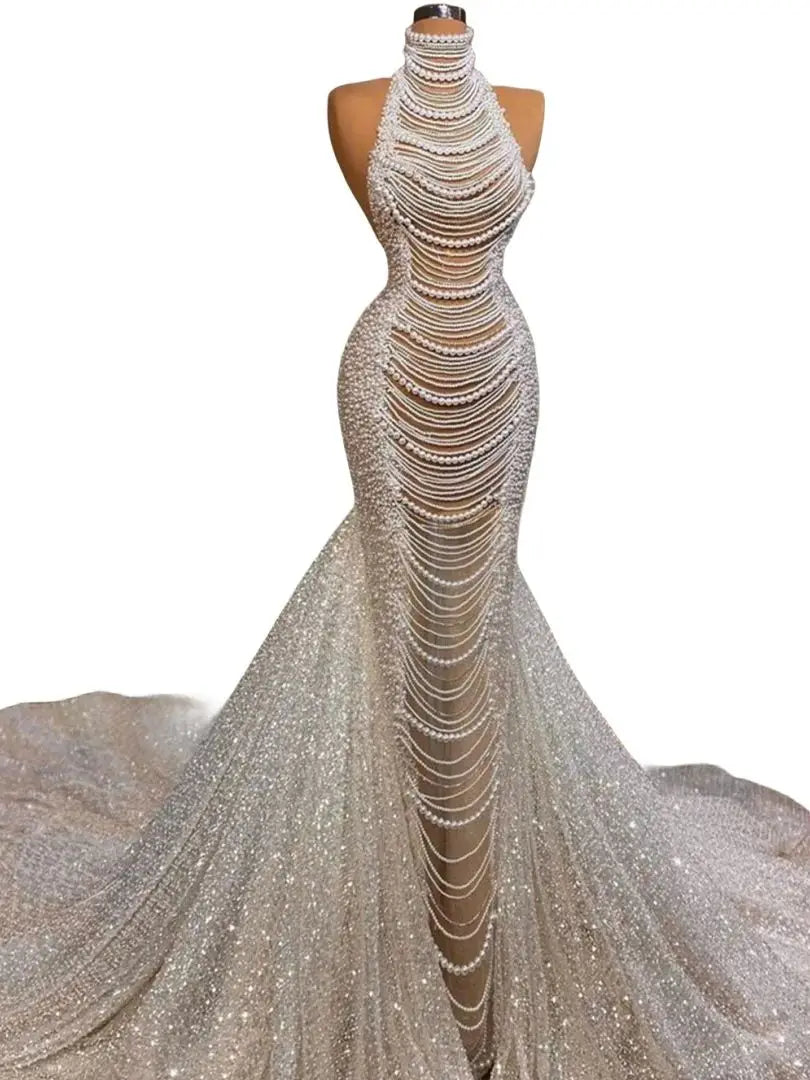 Robe de mariée luxueuse à col licou et perles, sans manches, longue traîne, illusion, robe de mariée pour femmes, robe de mariée sur mesure