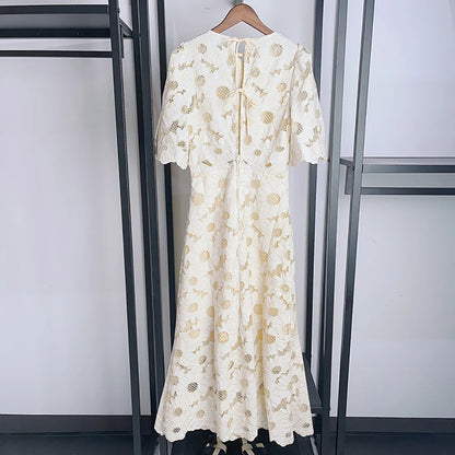 Women's Daisy Embroidery Long Dress, Hollow Tie, Short Sleeve, Round Neck, Commuter Peplum, Cotton, New, Summer, Y2k, 2024