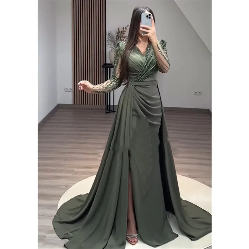 Evening  Sexy Casual  Jersey Sequined Beading Ruched Evening A-line V-neck Bespoke Occasion Gown Long Dresses