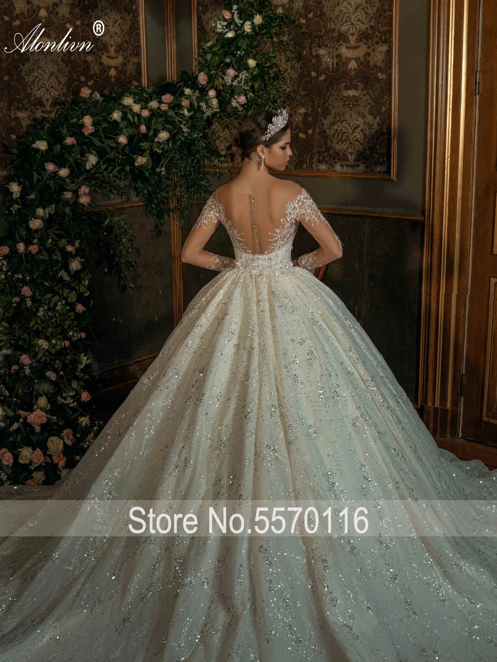 Alonlivn Robe de mariée en dentelle avec broderies et perles, robe de bal, col illusion et dos, manches longues