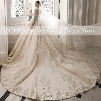 Luxury V-Neck Sequin Appliques Long Sleeves White Wedding Dress 2024 Ball Gown Floor Length Sweep Train Lace Up Bridal Gown