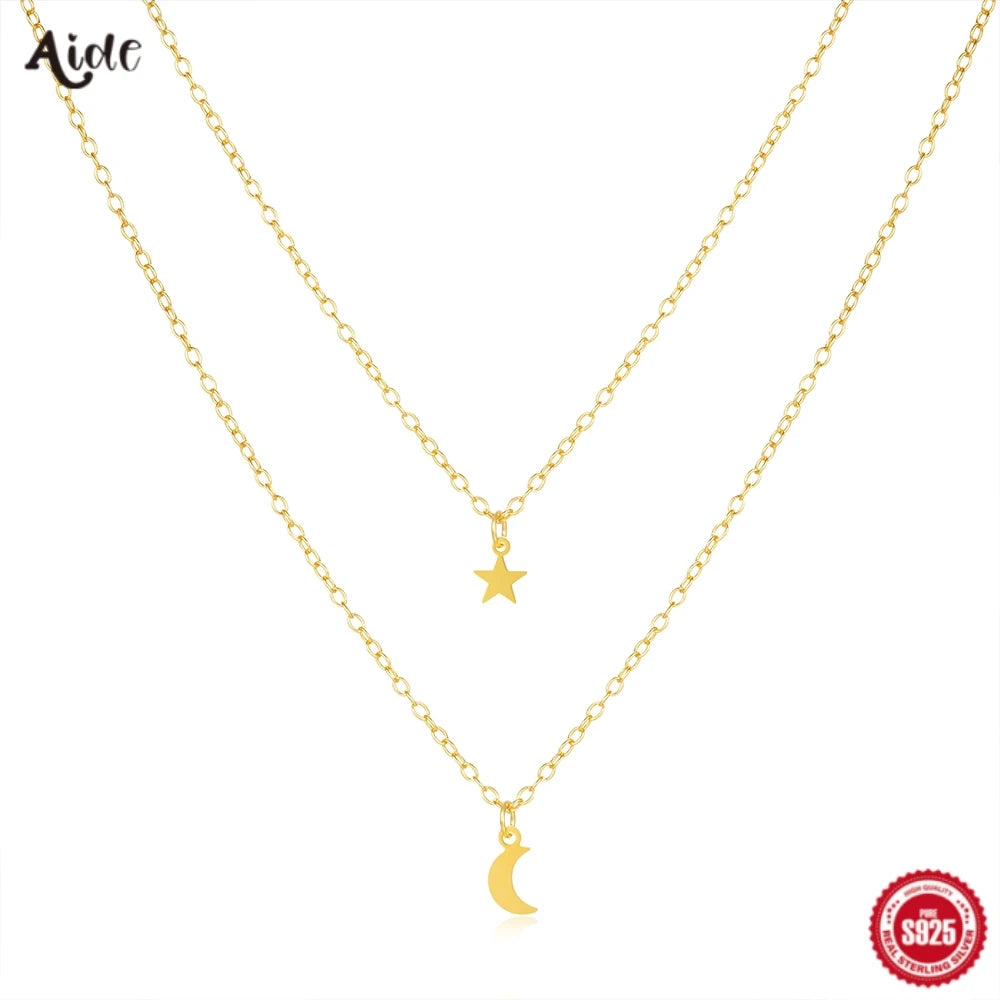 Aide 925 Sterling Silver Double K Gold Chain With Star Moon Charm Pendant Necklace For Women Elegant Fine Jewelry Party Gift