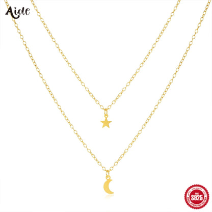 Aide 925 Sterling Silver Double K Gold Chain With Star Moon Charm Pendant Necklace For Women Elegant Fine Jewelry Party Gift