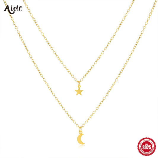 Collar con colgante de estrella y luna de Aide, cadena de oro de doble K en plata de ley 925 para mujer, elegante joyería fina, regalo de fiesta