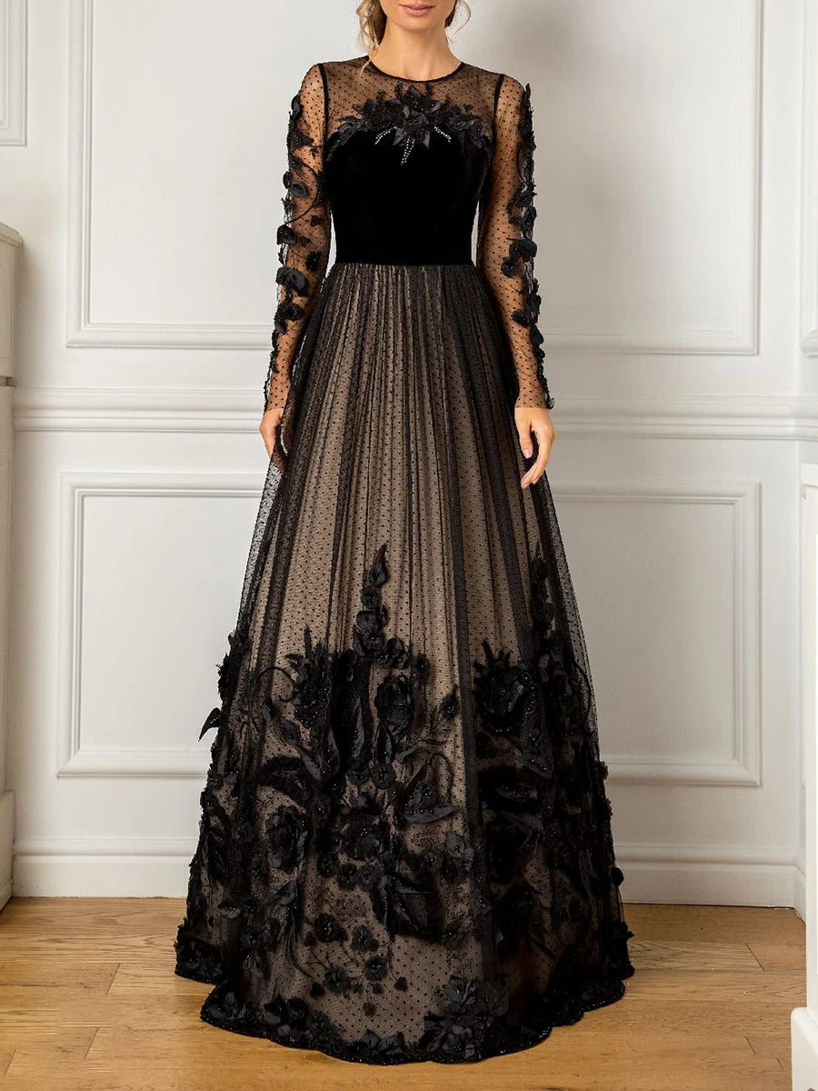 Robe de bal à perles appliquées à manches longues en dentelle pour cocktail, élégante, longueur au sol, illusion, robes de soirée noires pour femmes 2023