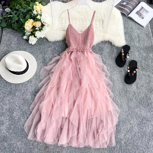 Vestido de verano sin mangas de gasa de tul con tirantes para mujer, vestido de punto con escote en V, sexy, sin espalda, largo, de malla dulce, vestido de fiesta rosa