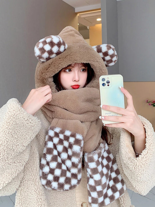 Bear Hat Women's All-Match Autumn and Winter Scarf All-in-One Warm Keeping Gloves Scarf Three-Piece Set