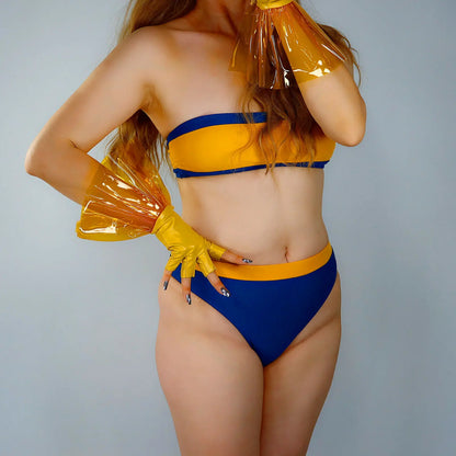 Guantes sin dedos de plástico transparente amarillo DooWay para mujer, cortos, de PVC, con volantes, de piel sintética, para noche, para cosplay, de medio dedo