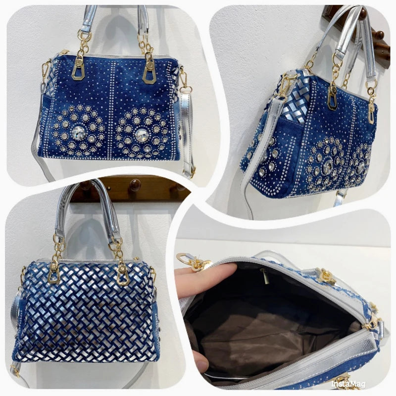 Fashion Lady Diamond Denim Bag Canvas Square Handbag Woven Bag Trendy Messenger Bag Women Tote Bag Luxury Handbags