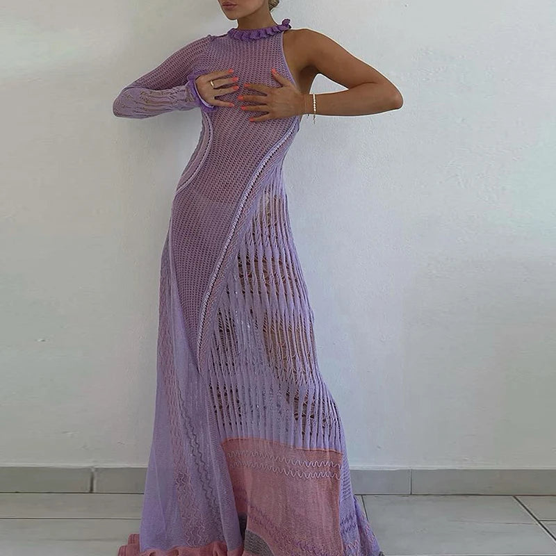 Vestido elegante de sirena con escote en V profundo y espalda abierta de crochet vintage de los años 90, vestido largo asimétrico de una manga para mujer, vestido elegante de fiesta para mujer