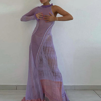 Vestido elegante de sirena con escote en V profundo y espalda abierta de crochet vintage de los años 90, vestido largo asimétrico de una manga para mujer, vestido elegante de fiesta para mujer