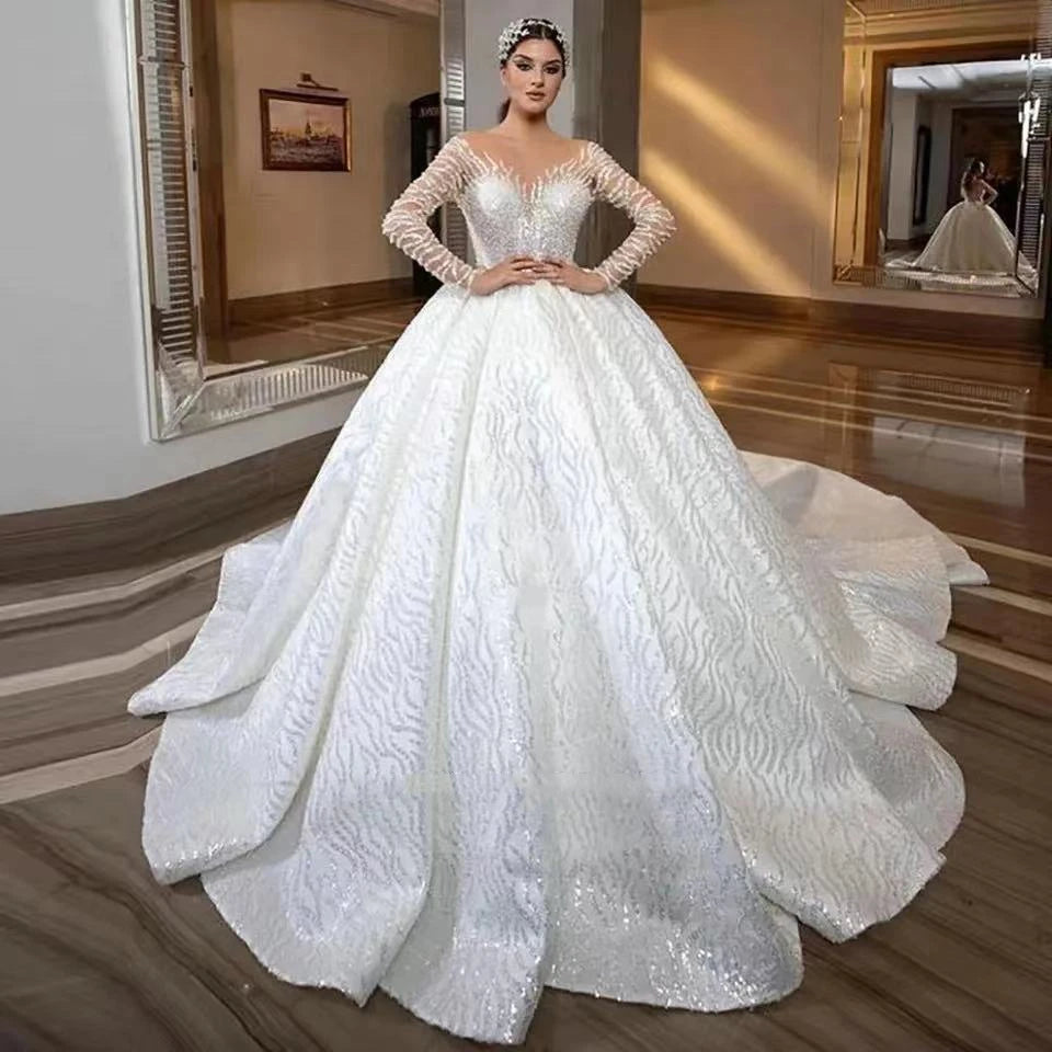 Vestido de novia de lujo blanco con escote redondo y lentejuelas, mangas largas, 2023, largo hasta el suelo, cola larga, cordones, vestido de novia hecho a medida