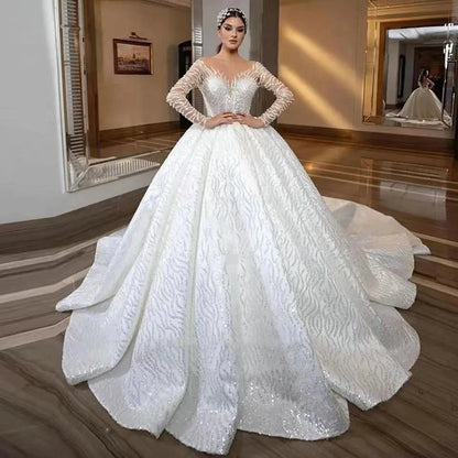 Luxury White O-Neck Sequin Full Sleeves Wedding Dress 2023 Ball Gown Floor Length Sweep Train Lace Up Custom Made Bridal Gown