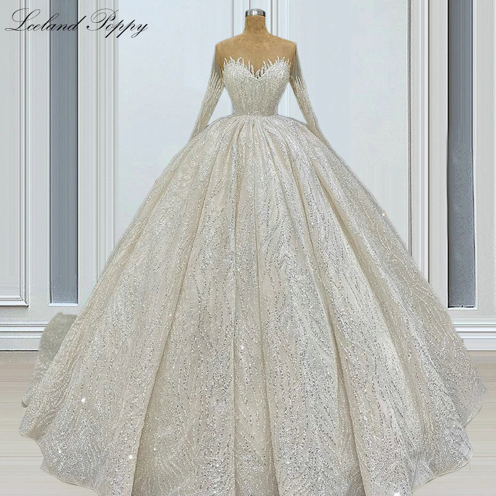 Lceland Poppy Luxury Women's A Line Lace Wedding Dresses Buttons Up Floor Length Sequined Bridal Gowns with Court Train