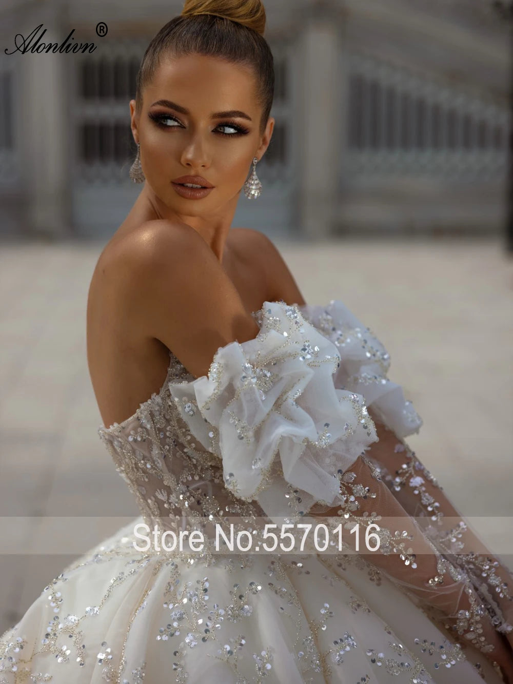 Alonlivn Exquisite Bling Pearls Lace Sweetheart Ball Gown Wedding Dresses Off Shoulder Sleeves Graceful Embroidery Bridal Skirts