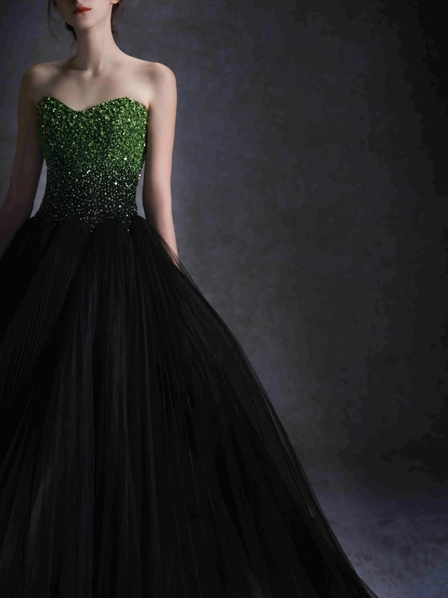 Robe de soirée vintage noire et verte sans bretelles, luxueuse robe de cocktail de mariage en tulle plissé avec perles faites à la main