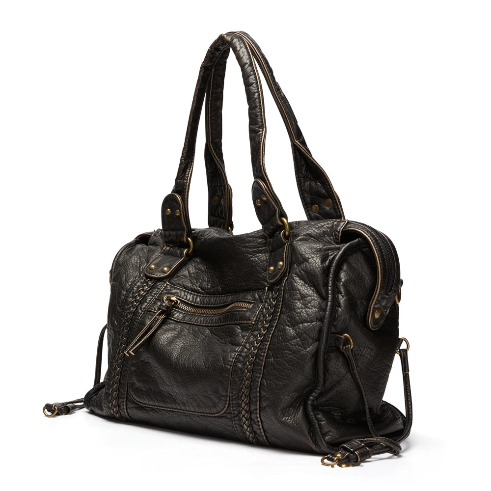 Annmouler Sac à main grande capacité pour femme Sac fourre-tout en cuir synthétique Sac à bandoulière vintage en cuir lavé Sac de qualité pour femme