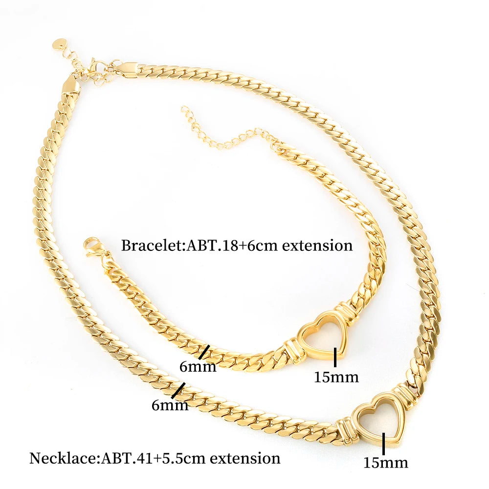 ZMFashion Ensemble de bijoux en acier inoxydable plaqué or et étanche Ensemble de collier et bracelet à ongles en forme de cœur d'amour de luxe pour femmes