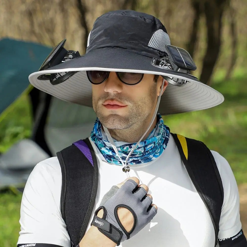 Chapeau de soleil à 2 ventilateurs solaires avec ventilateur solaire respirant, recharge USB, chapeau de soleil à large bord, réglable, étanche, double mode, casquette de ventilateur pour femmes