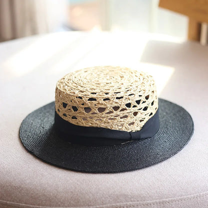 LongBaiLi Summer Casual Wide Brim Raffia Straw Sun Hat For Women Flat Top Panama Sun Protection Beach Hat