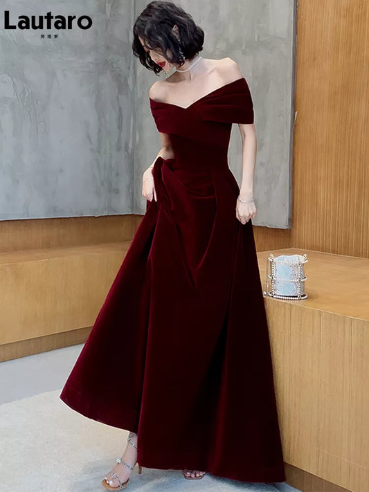 Lautaro Primavera Largo Lujo Elegante Vino Rojo Suave Terciopelo Noche Fiesta Vestidos De Novia Para Mujeres 2022 Vestido Maxi Con Hombros Descubiertos