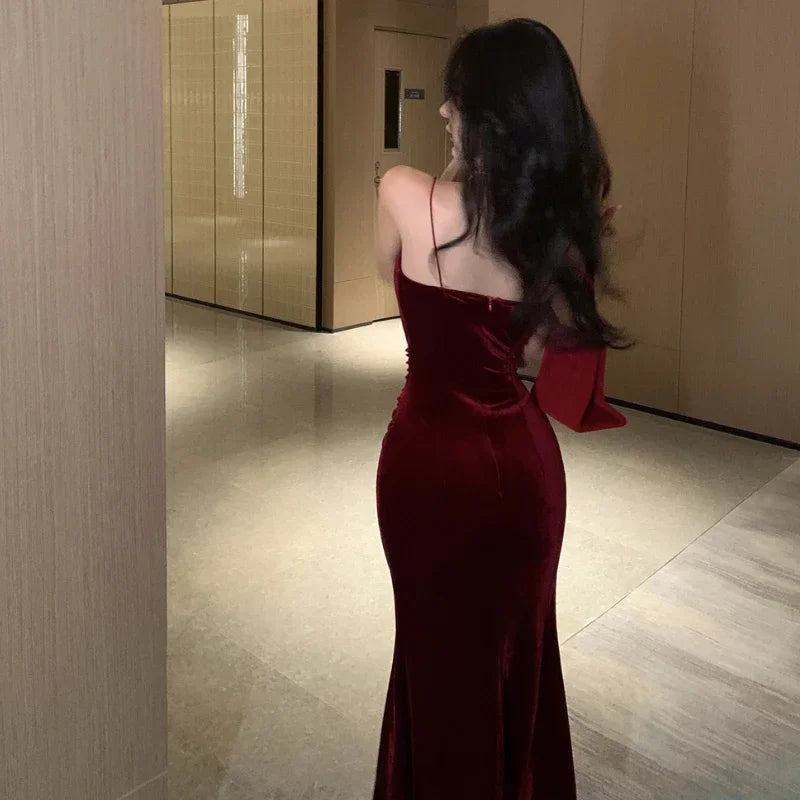 Vintage Sexy Club Prom Red Dresses for Women Spaghetti Strap Slit Velvet Dress Beach Bandage Bodycon Midi Dress Party Elegant