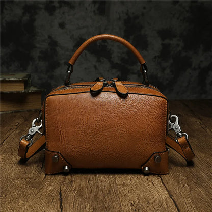 2022 New Retro Literary Handmade Leather Small Square Bag Double Zipper One Shoulder Diagonal Bag Hand-held Small Box Bag Female