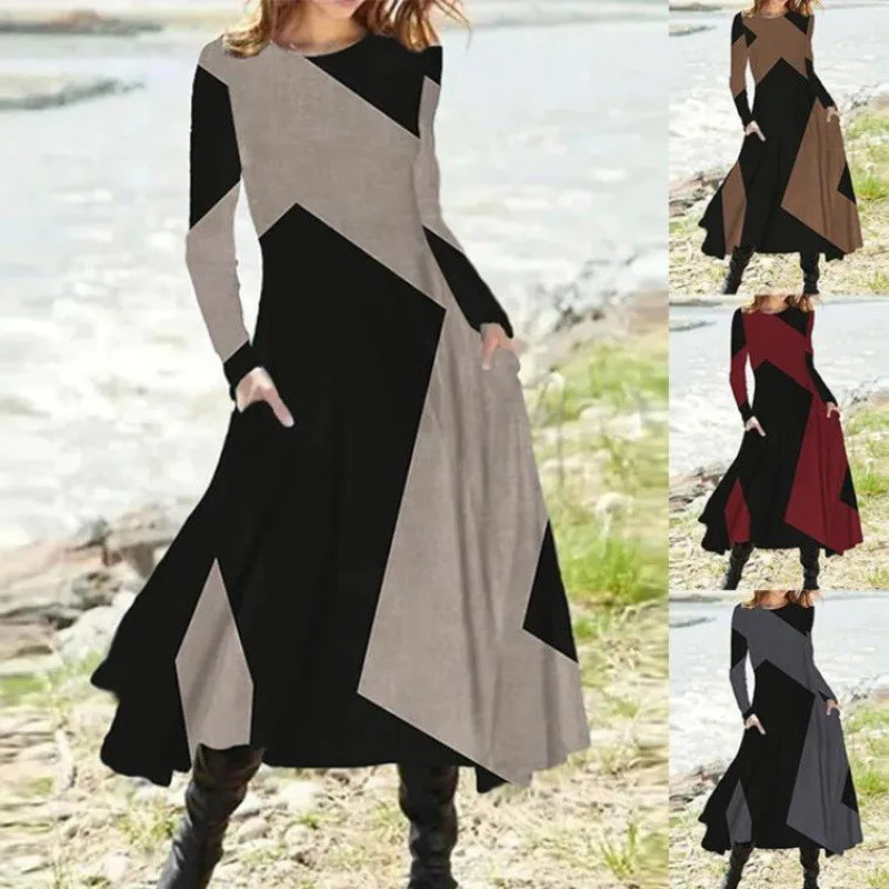 Robe longue à manches longues et col rond pour femme, style ethnique, décontracté, mode rétro, imprimé géométrique, automne et hiver