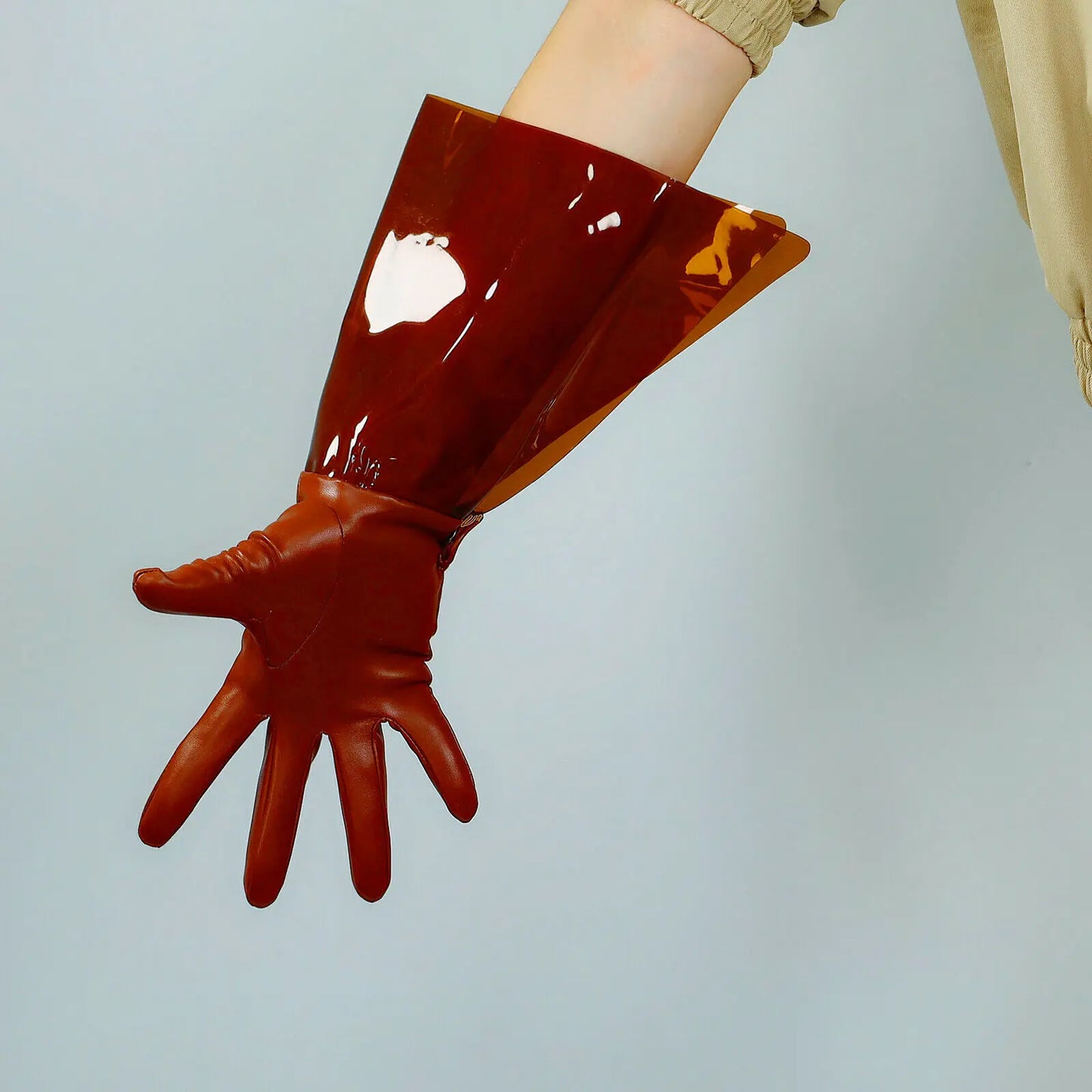 GANTS EN PVC TRANSPARENT Volants en plastique Manches transparentes Similicuir Marron 38 cm de long Gant de soirée Cosplay Halloween