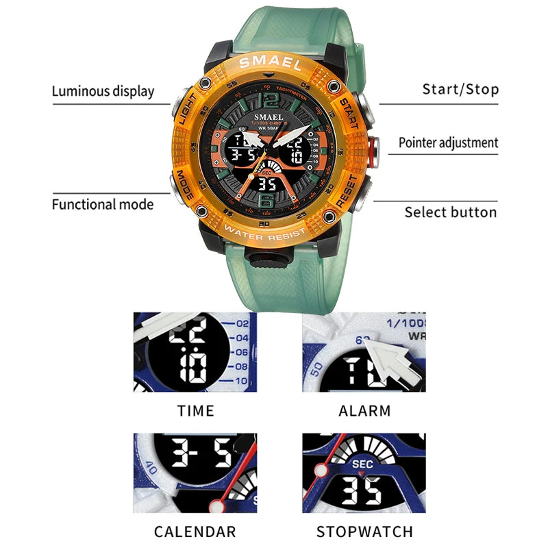 Relojes deportivos a prueba de agua SMAEL Reloj masculino Pantalla LED digital Reloj de cuarzo analógico Cronómetro de moda Reloj verde naranja 8058 Reloj para hombres