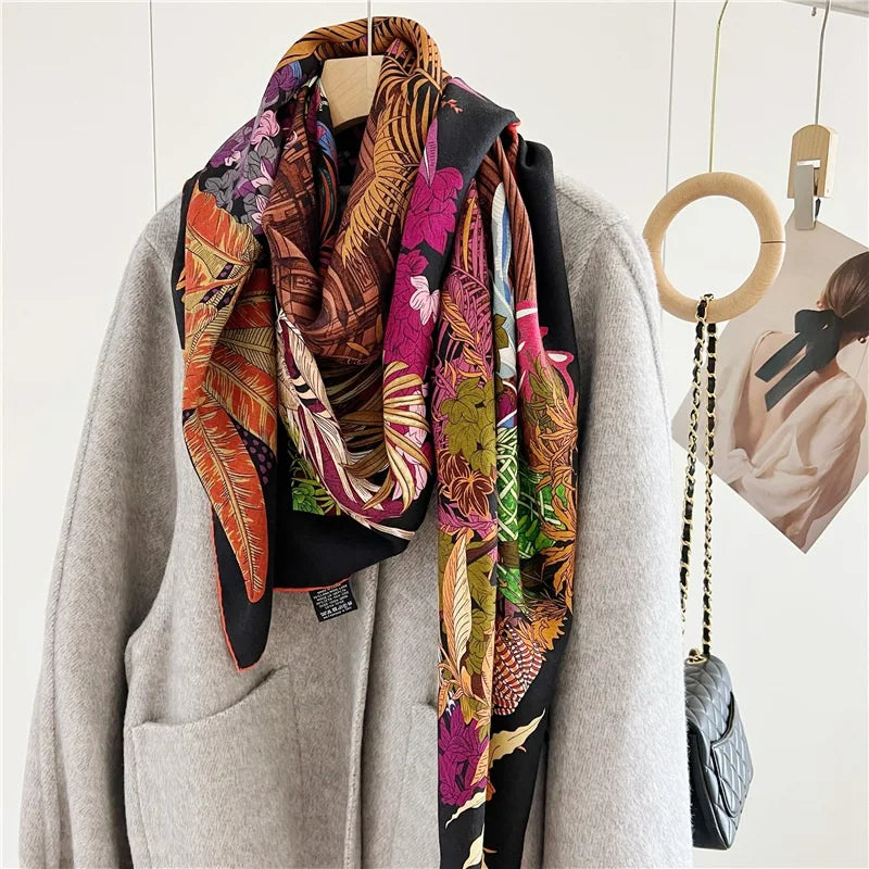 Women Blanket Scarf Shawl Cape 70% Wool 30% Silk Double-sided Printed Wraps for 2023 Autumn Winter