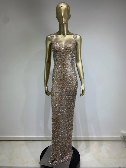 Robe longue sexy en maille transparente avec cristaux et diamants pour femme, tenue de fête d'anniversaire, de bar, de discothèque, de chanteur, de spectacle sur scène