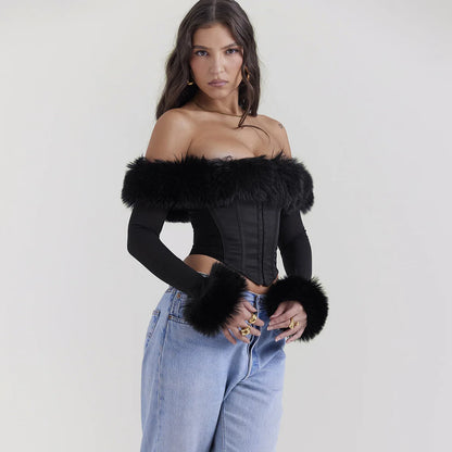 Oligai Long Sleeve Corset Top Faux Fur Collar Bodycon Cropped Top Sexy Black Elegant Off The Shoulder Blouse Women's Clothing