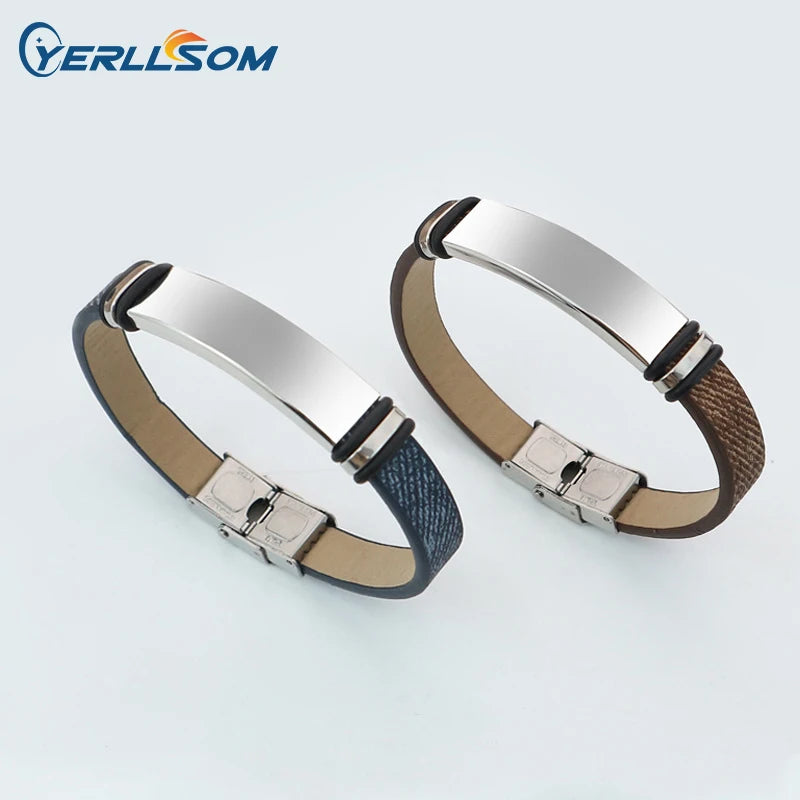 YERLLSOM 100PCS/Lot Handmade fashion couple leather bracelet stainless steel bracelets custom your own messages logo