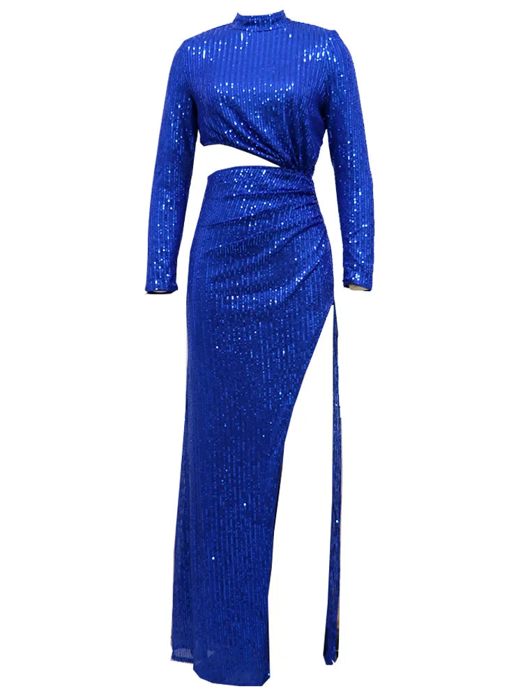 Robe longue à paillettes bleu royal 2024 pour femmes, robe de bal de mariage brillante, manches longues, sexy, ajourée, robes formelles