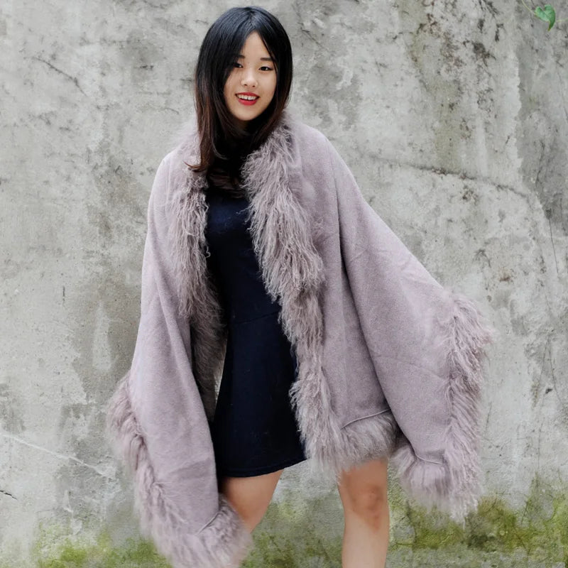 Mongolian Lamb Fur Trim Wool Blends Cashmere Fur Shawl Cape CX-B-P-01B Drop Shipping