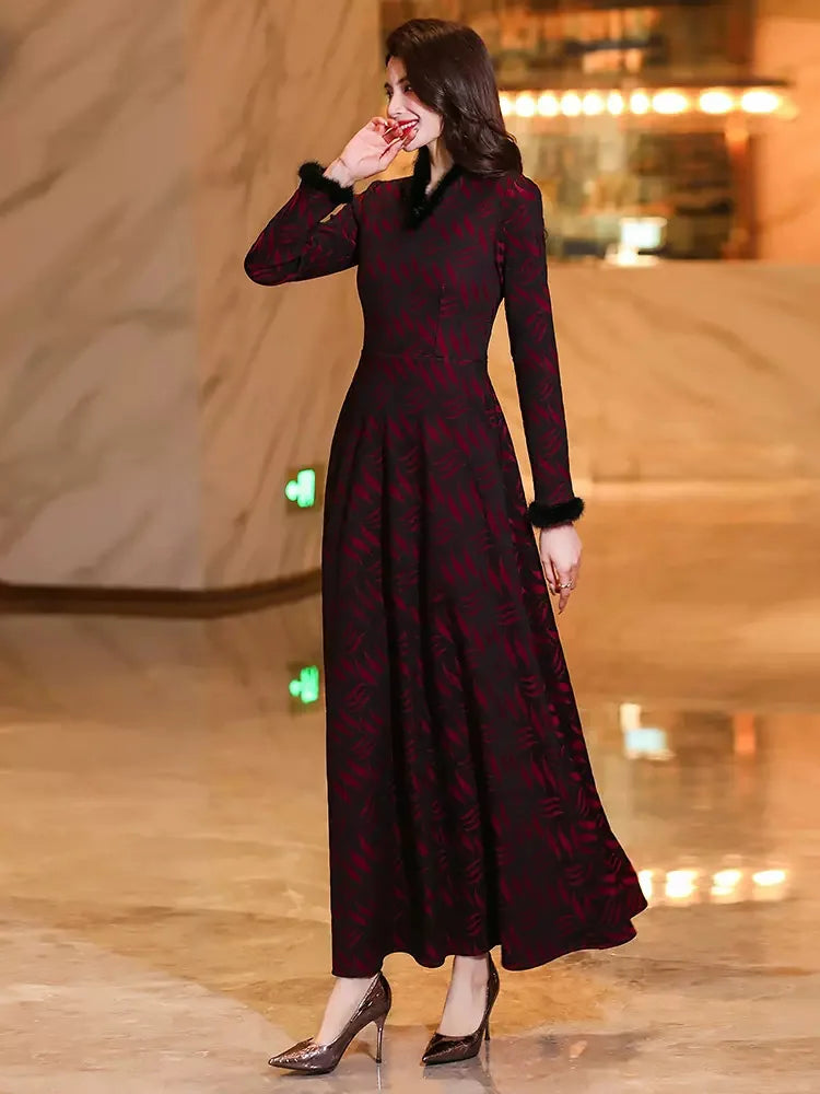 New Women Autumn Winter Plus Velvet Thick Dress Fashion Mink Fur Small V-Neck Long Sleeve Slim Dress Elegant Overlength Dress