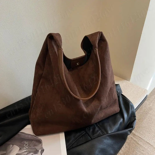 Vintage Women's Bag Suede Shoulder Bag Simple Tote Handbag Large Capacity Stylish Commuting Bag Solid Color Hasp Closure Handbag