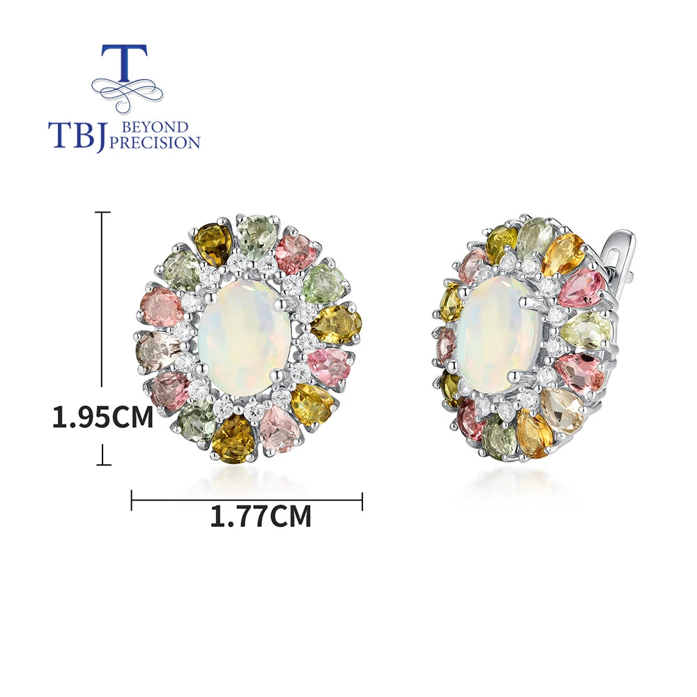 Ensemble de boucles d'oreilles et bague en pierre précieuse multicolore en opale naturelle et tourmaline pour fête d'anniversaire de femme en argent S925