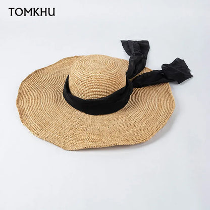 2023 Nuevo sombrero de paja de rafia hecho a mano informal de verano con cinta, sombreros de ala grande para mujer, sombrero de playa de verano, sombrero de lujo para desfile