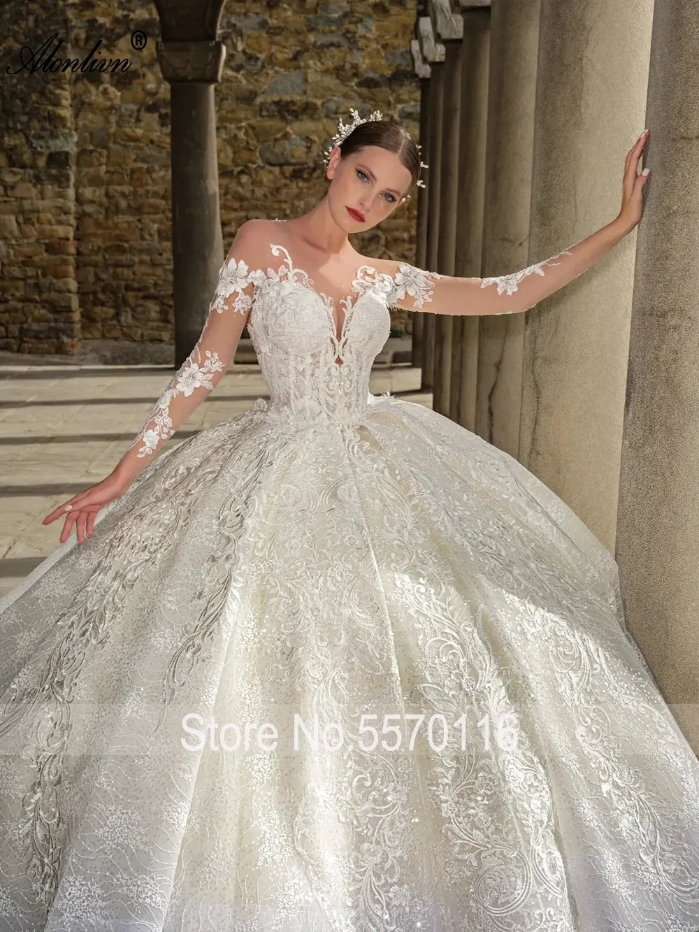 Robe de mariée vintage très bouffante Alonlivn avec appliques de broderie en dentelle, col rond, manches longues