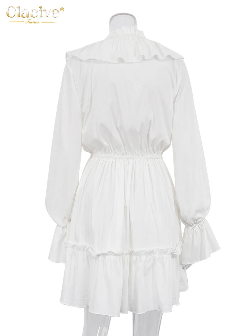 Clacive Sexy Robe Blanche Ample Dames Mode Col en V Manches Longues Mini Robe Élégante À Volants Taille Haute Robes Pour Femmes 2023