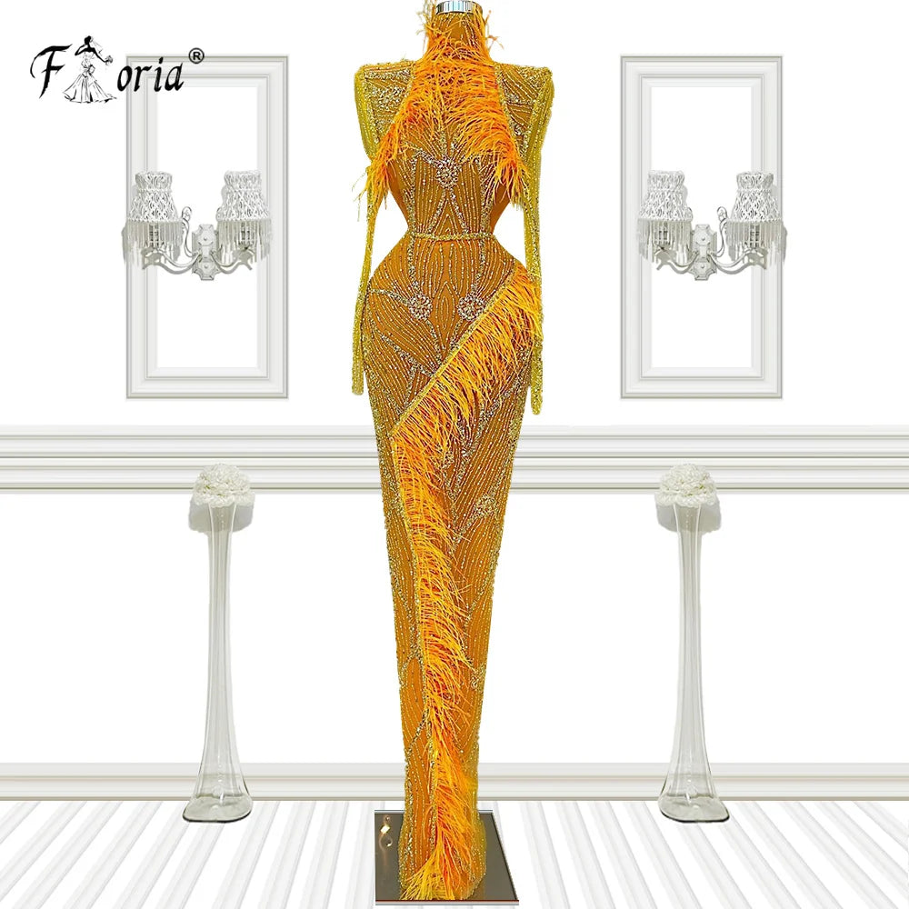 Vestidos de noche con plumas de color naranja 2022, vestidos de noche de lujo árabes de Dubái con cuentas de sirena para mujer, vestido de fiesta de celebridades, vestido largo de graduación