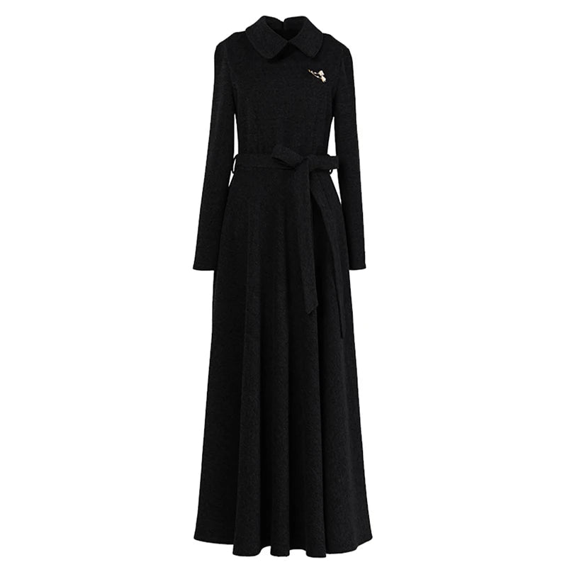 Nuevo vestido de lana negro para mujer, moda Otoño Invierno, cuello Peter Pan, manga larga, mezcla de lana, vestido largo, elegante, vestido ajustado